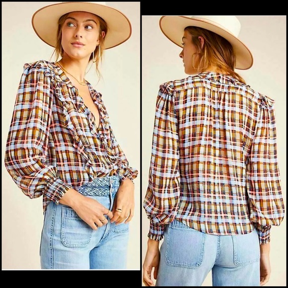 Anthropologie Tops - Anthro Maeve Plaid Ruffle Long Sleeve Blouse Top